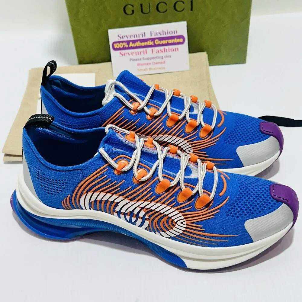 Gucci Run 10/ US 10.5 Knit Low Top Sneakers Blue Orange GG Embossed NIB $920